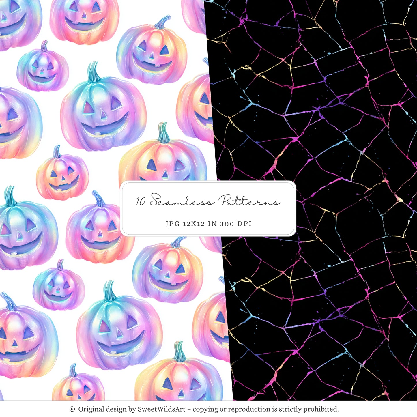 Glowlloween - Neon Seamless Halloween Patterns,Cute Ghost & Pumpkin | 10 JPEG
