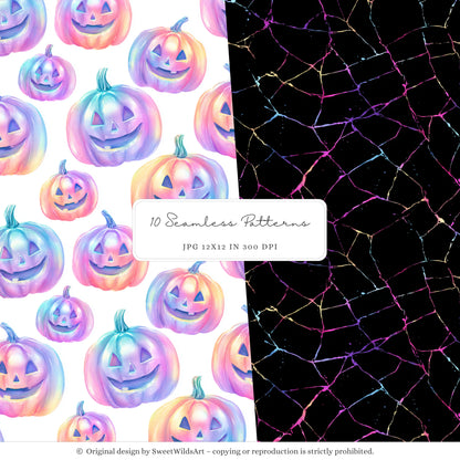 Glowlloween - Neon Seamless Halloween Patterns,Cute Ghost & Pumpkin | 10 JPEG