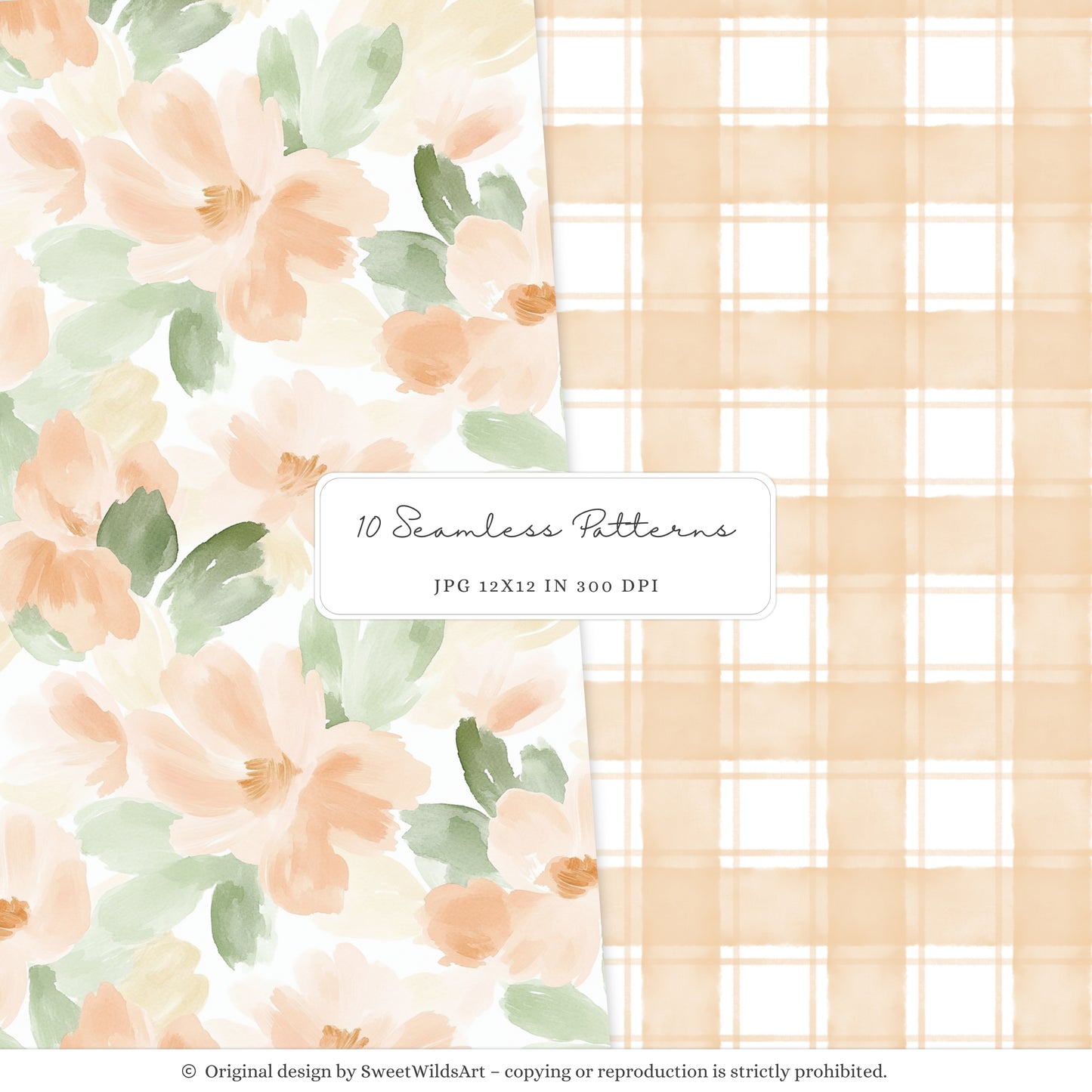 Sweet Peach - Seamless Patterns, Gingham, Cute Summer, Blossoms | 10 JPEG