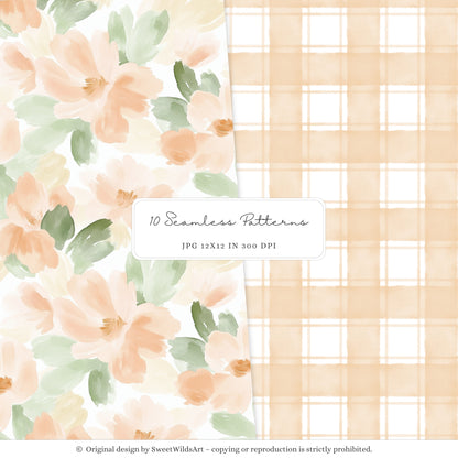 Sweet Peach - Seamless Patterns, Gingham, Cute Summer, Blossoms | 10 JPEG