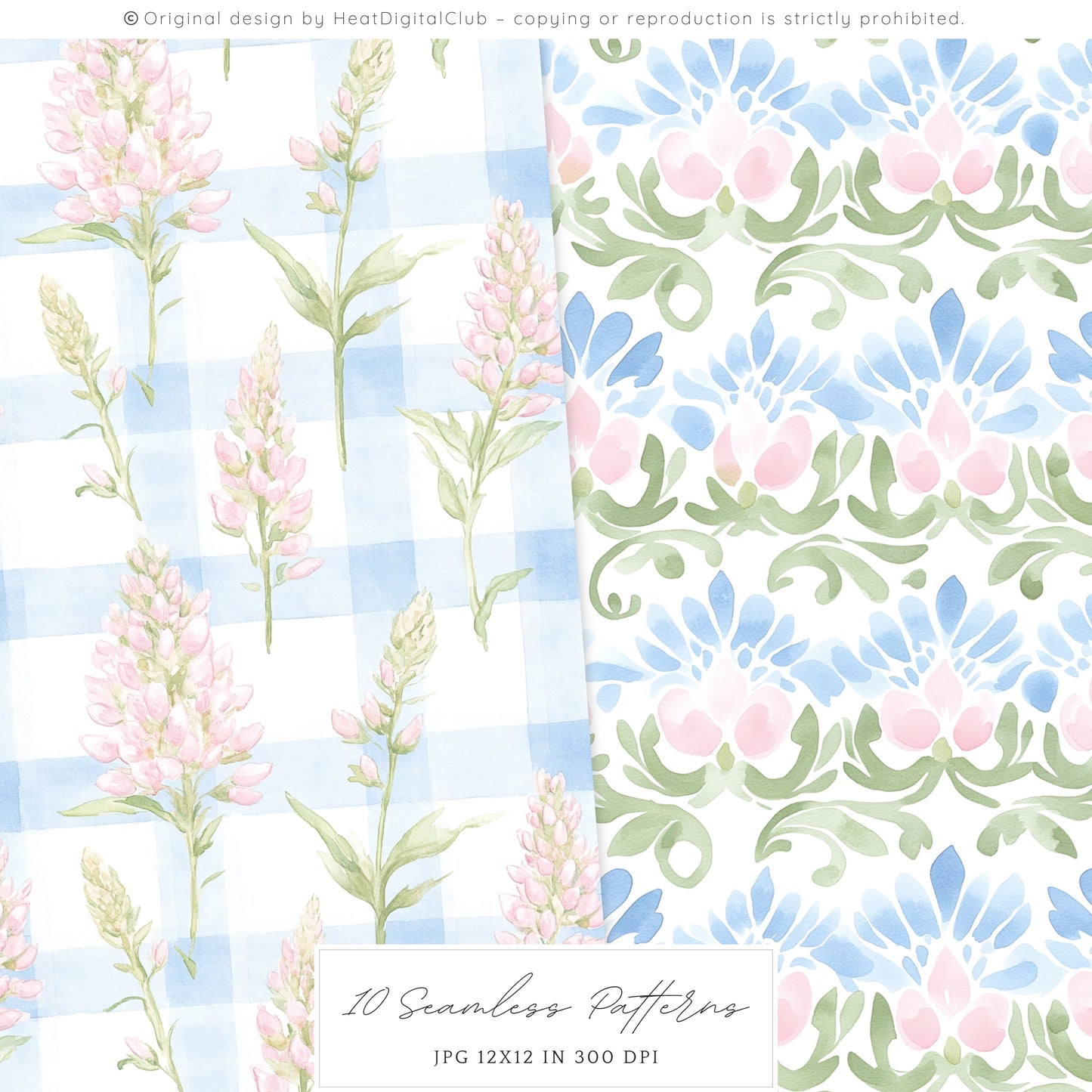 Summer Chic – Seamless Patterns,Gingham, Grandmillennial Florals | 10 JPEG