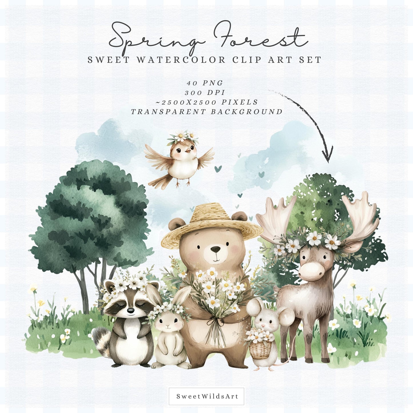 Spring Forest - Cute Woodland, Baby Animal Clipart, Baby Shower,  Nursery | 40 PNG
