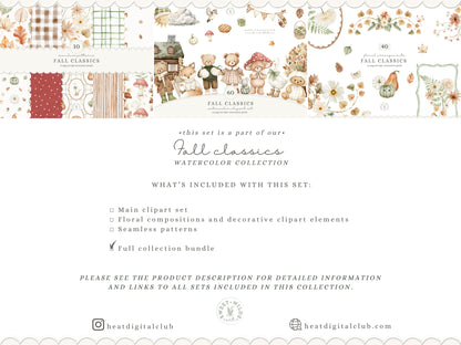 Fall Classics - Teddy Bears Clipart Bundle, Autumn Kids Animals, Vintage Toys, Goose, Pumpkins, Cozy Nursery | 110 PNG/JPEG