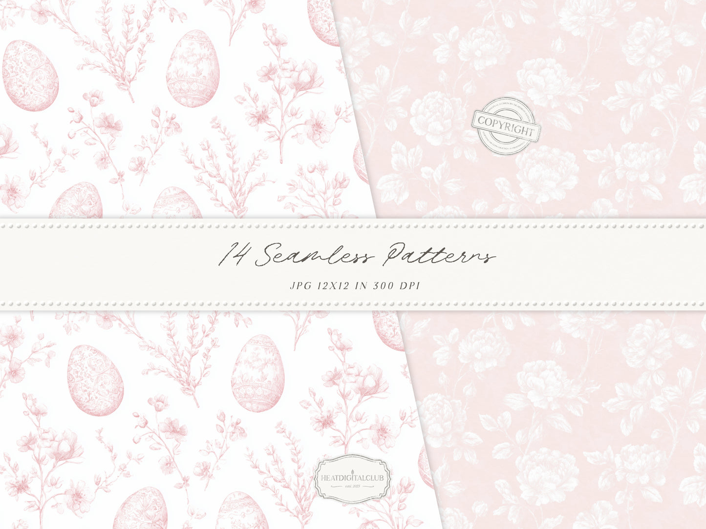 Easter Blush - Seamless Patterns, Chinoiserie Spring, Elegant Light Pink Floral | 14 JPEG