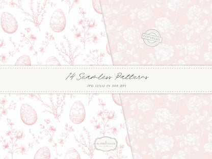 Easter Blush - Seamless Patterns, Chinoiserie Spring, Elegant Light Pink Floral | 14 JPEG