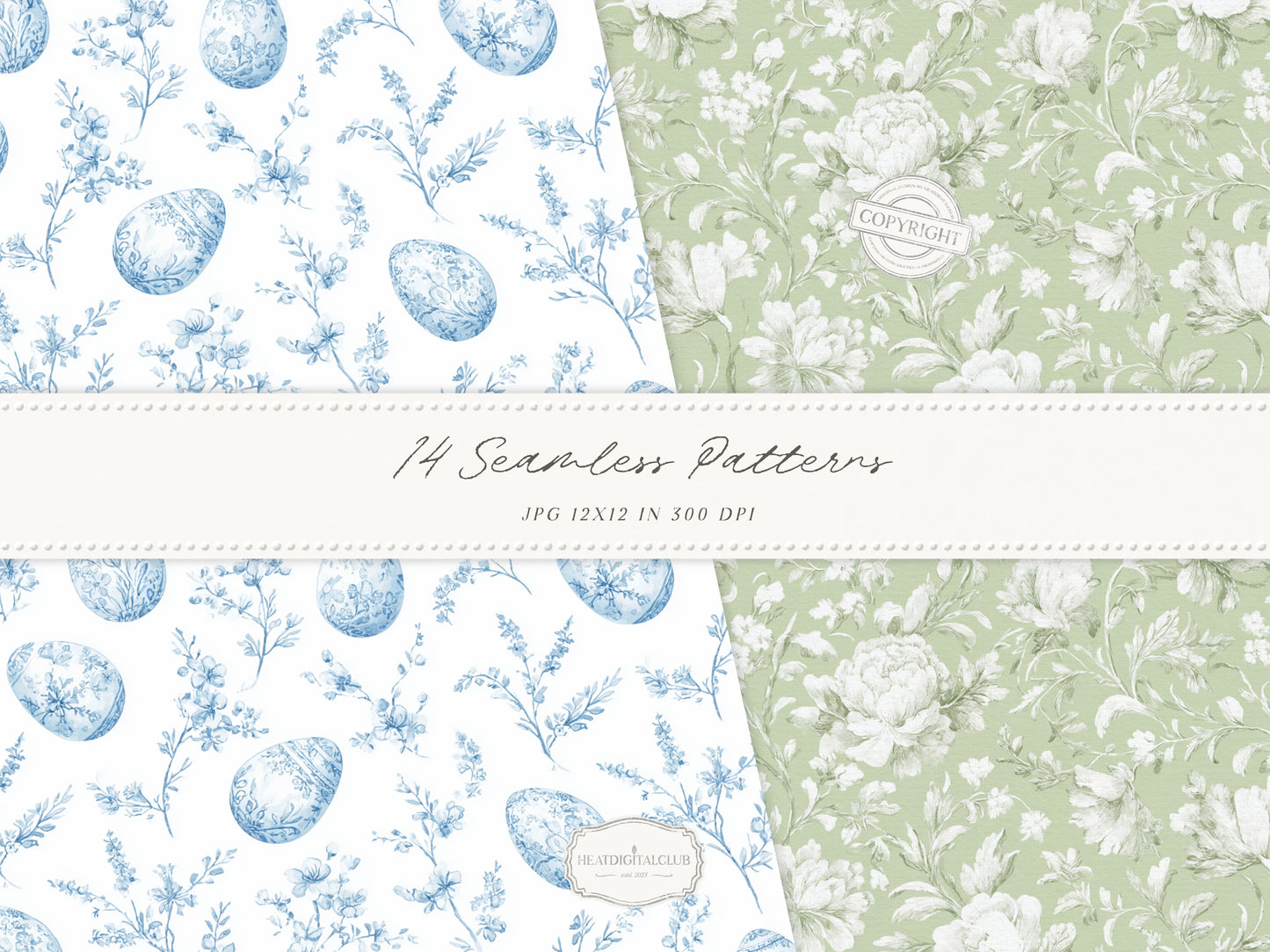 Easter Elegance - Seamless Patterns, Chinoiserie Spring, Elegant Hydrangeas | 14 JPEG