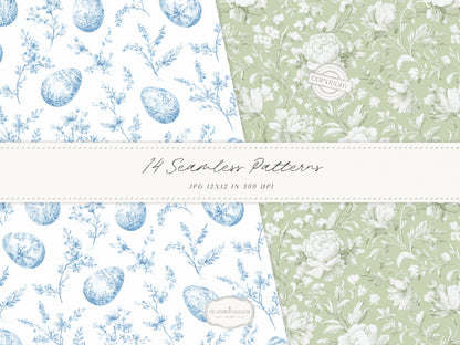 Easter Elegance - Seamless Patterns, Chinoiserie Spring, Elegant Hydrangeas | 14 JPEG