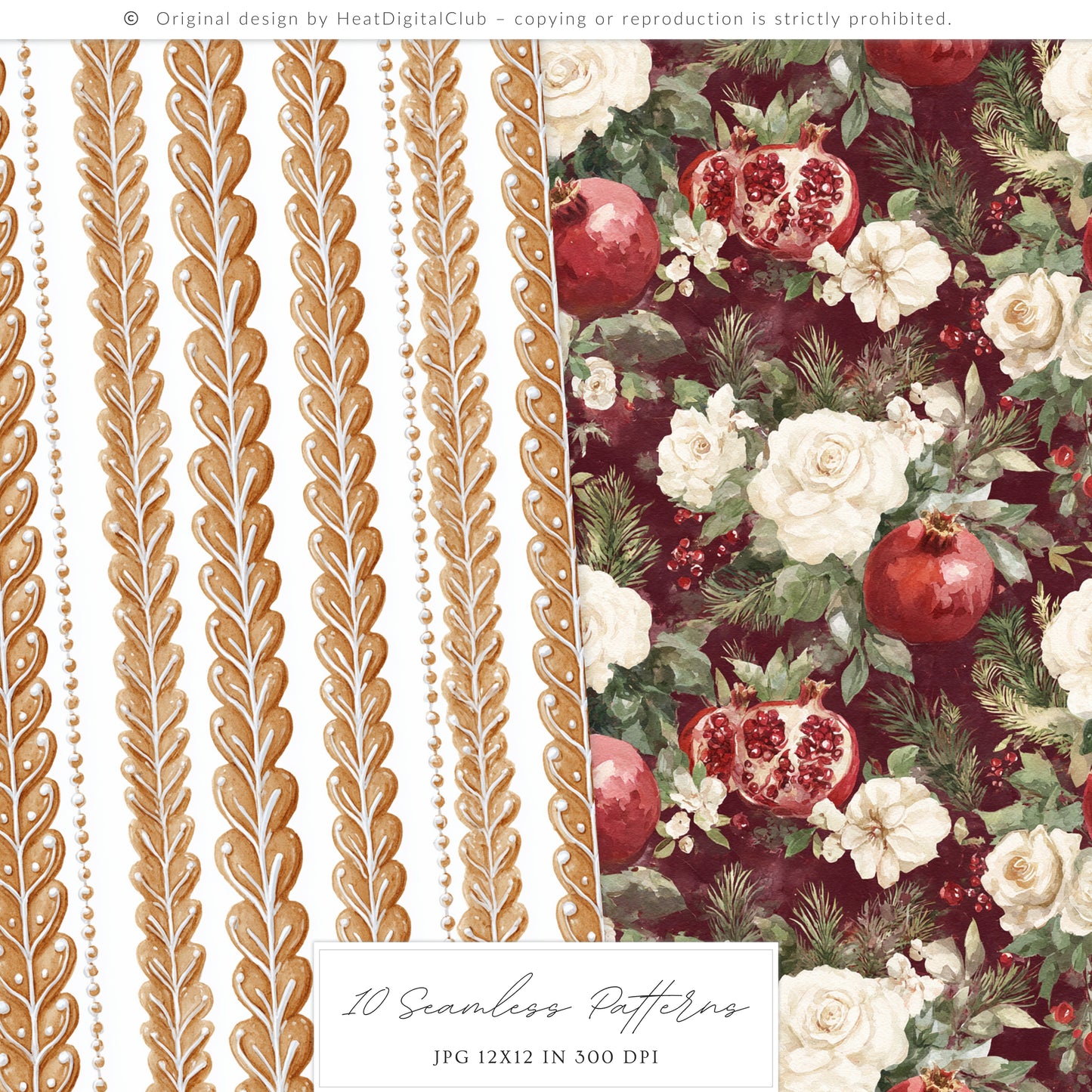 Winter Pomegranate - Seamless Patterns, Holiday Christmas, Fruit, Rustic | 10 JPEG