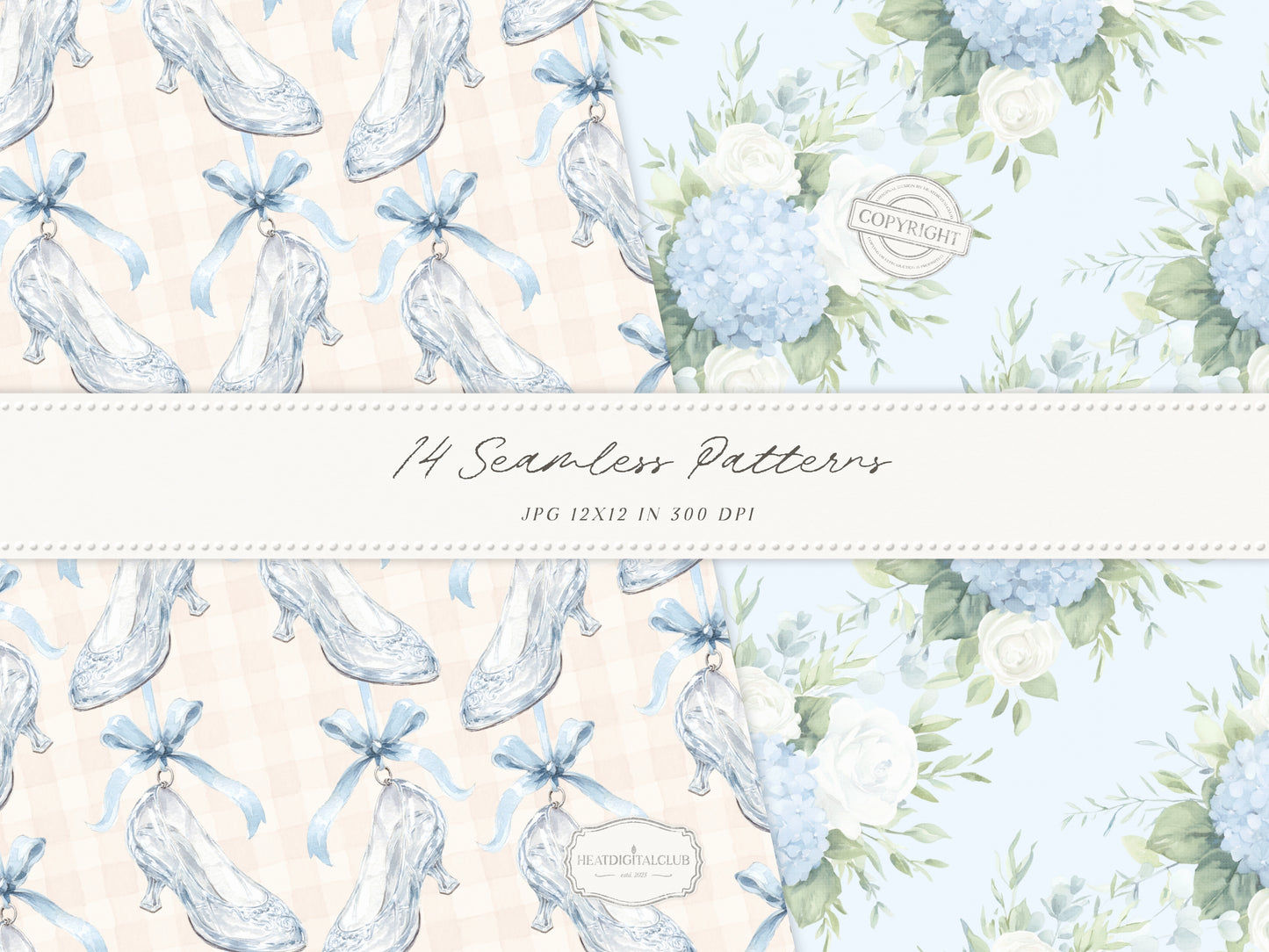 Modern Cinderella - Seamless Patterns, French Blue Floral, Hydrangea, Damask, Stripe, Gingham, Romantic | 14 JPEG