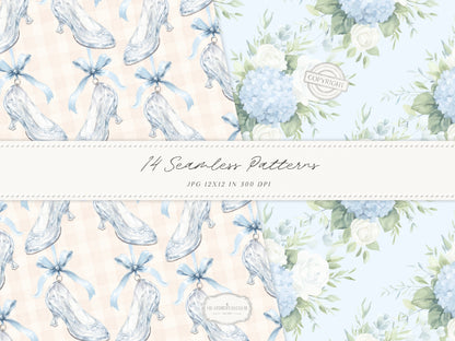Modern Cinderella - Seamless Patterns, French Blue Floral, Hydrangea, Damask, Stripe, Gingham, Romantic | 14 JPEG