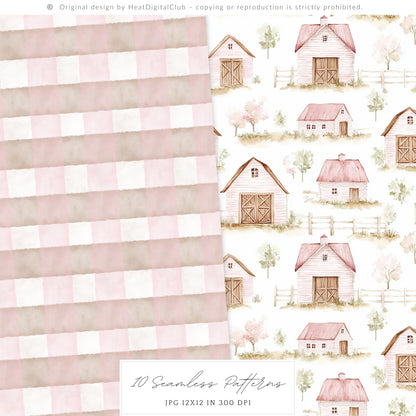 Lovely Farm - Seamless Patterns, Pink Gingham Strawberry, Pastel Country | 10 JPEG