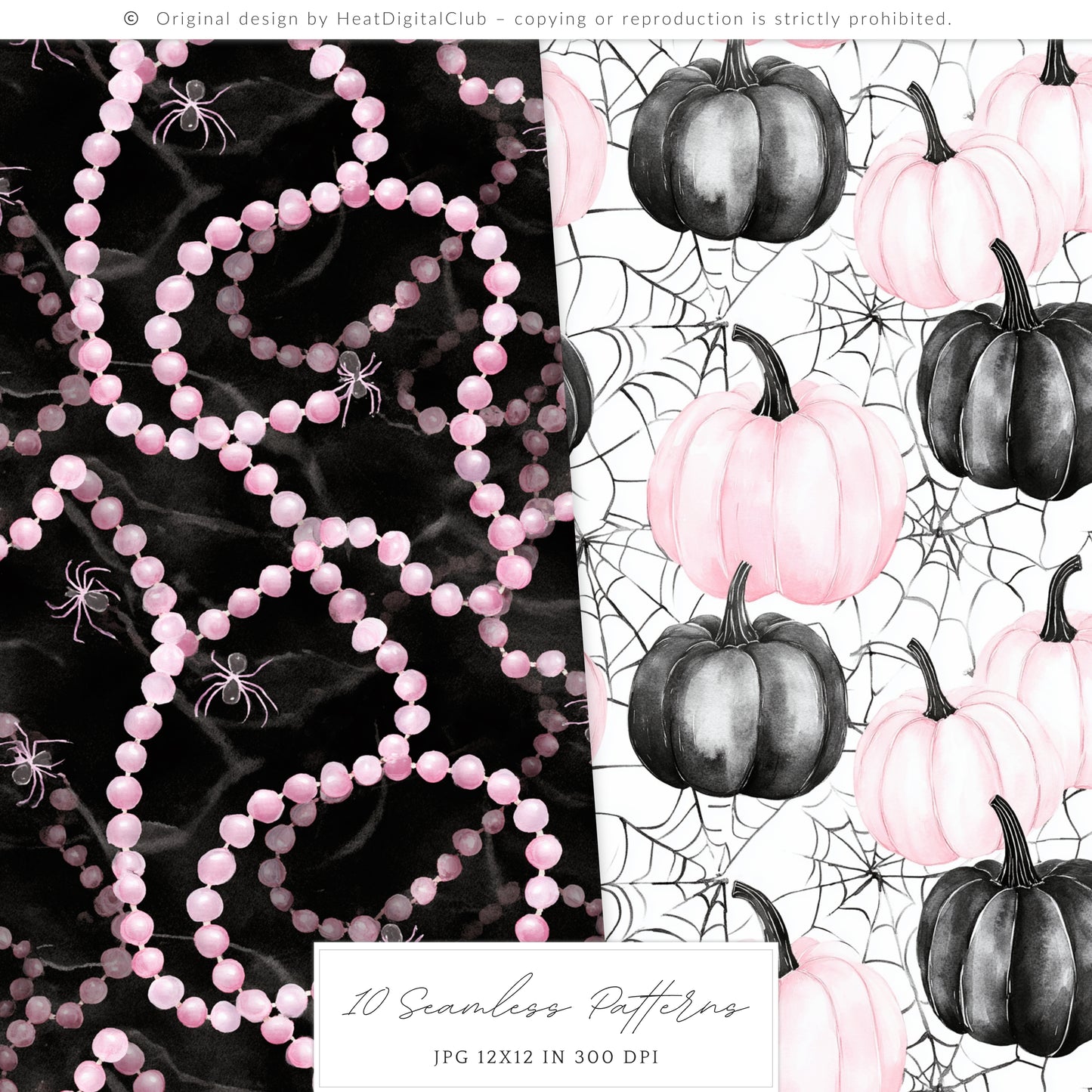 Pretty Haunting - Seamless Patterns, Black & Pink Gothic Halloween, Spooky  | 10 JPEG