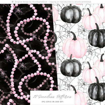 Pretty Haunting - Seamless Patterns, Black & Pink Gothic Halloween, Spooky  | 10 JPEG