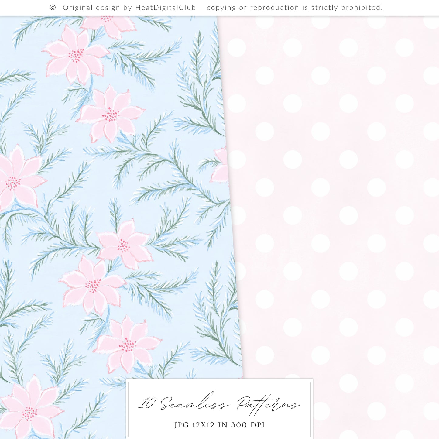Pastel Noël - Seamless Christmas Patterns, Grandmillennial, Pink Blue Chinoiserie | 10 JPEG