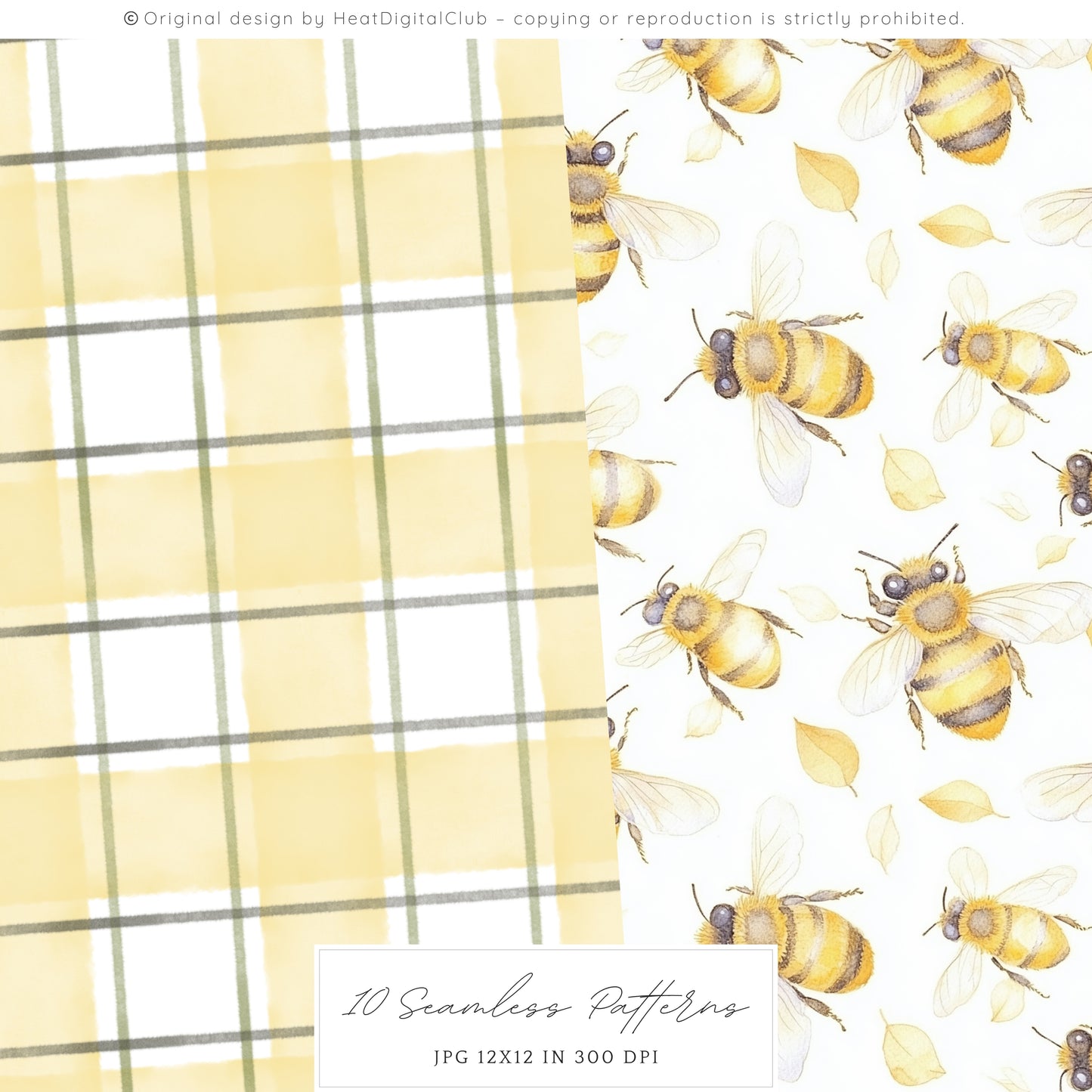 Honey Garden - Seamless Patterns, Bee, Yellow Floral, Honeycomb | 10 JPEG