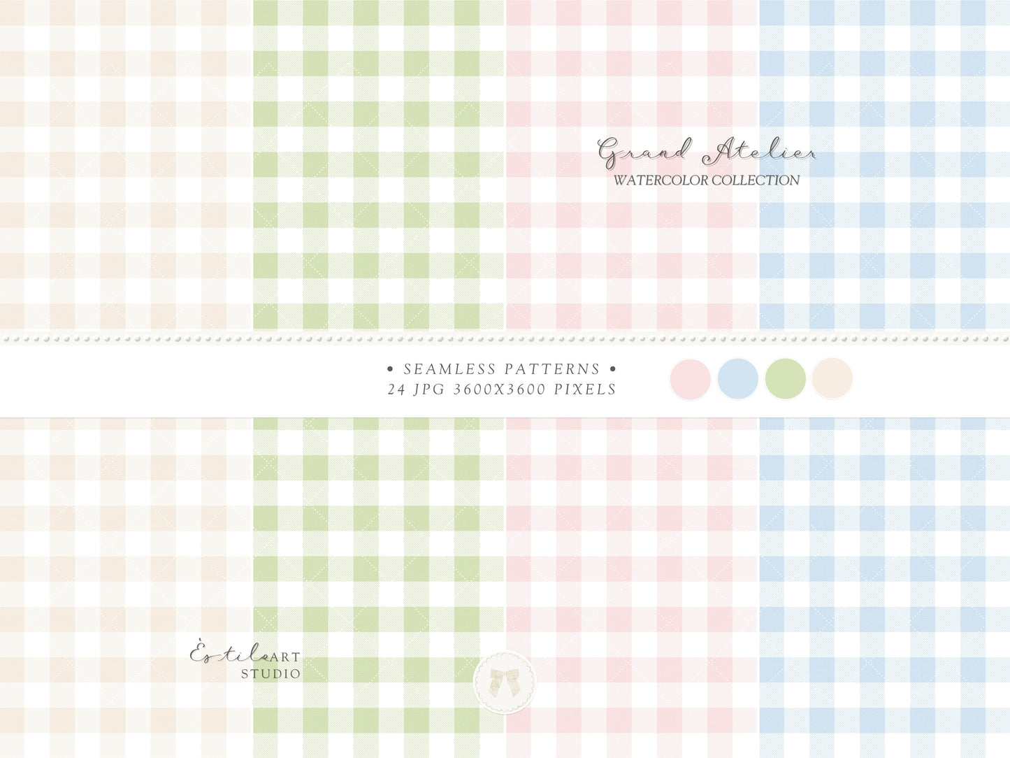 Grand Atelier - Seamless Patterns, Grandmillennial, Pastel Stripes, Gingham Check, Nursery, Vintage Baby | 24 JPEG