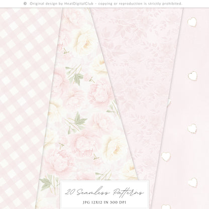 Pure Love - Seamless Patterns, Valentines Day, Hearts, Romantic Blush Pink Ivory | 20 JPEG