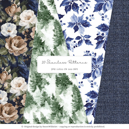 Winter Classics - Seamless Patterns, Blue Brown Tartan, Florals, Woodland, Nursery | 20 PNG
