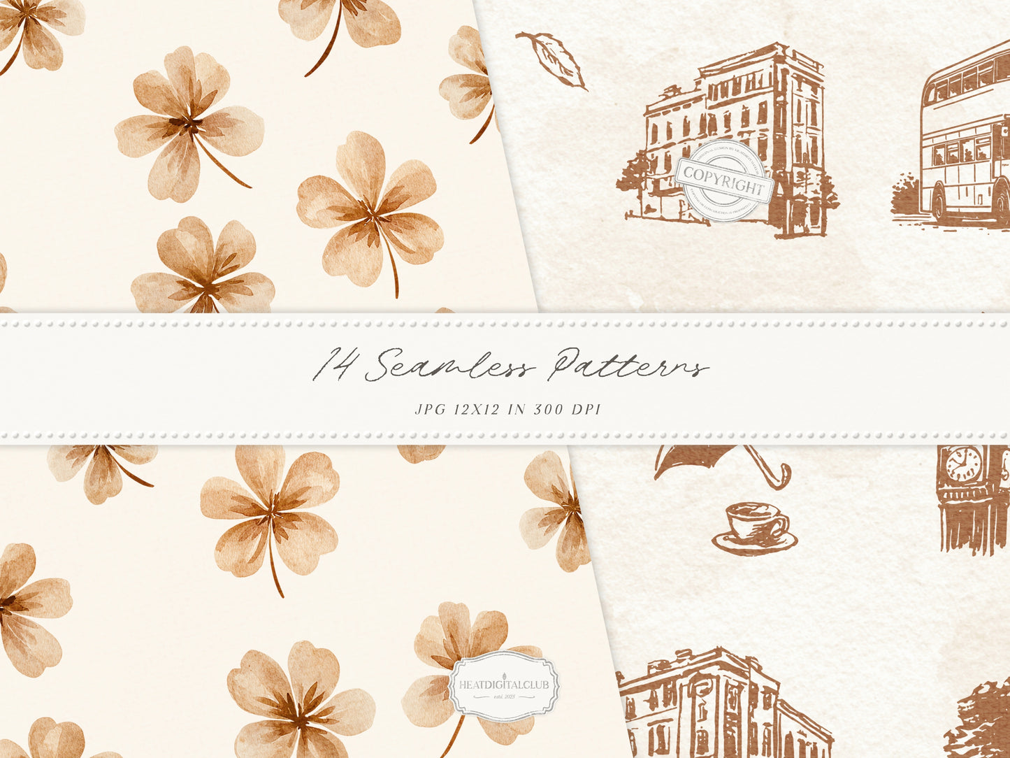 Gentle Fall - Seamless Patterns, Neutral Autumn Patterns, Cozy Watercolor Patterns, Rainy Autumn | 14 JPEG