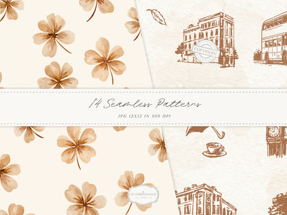 Gentle Fall - Seamless Patterns, Neutral Autumn Patterns, Cozy Watercolor Patterns, Rainy Autumn | 14 JPEG