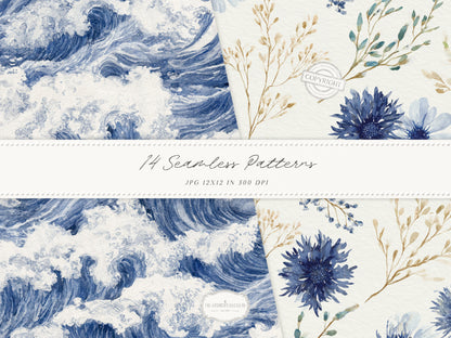 Cold Shore - Navy Seamless Patterns, Blue Stripe Coastal Design, Nautical Shell & Wave | 14 JPEG