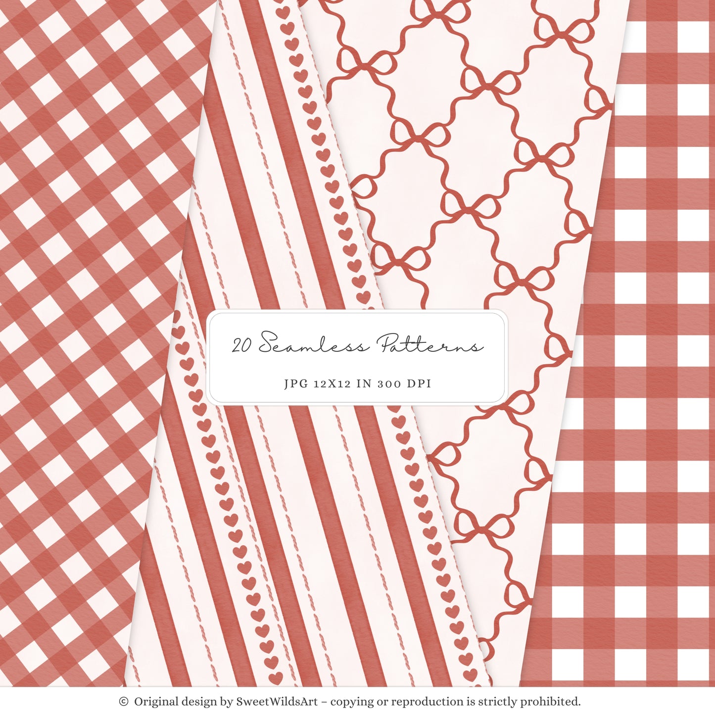 Romantic Classics - Seamless Patterns, Valentine's Day, Gingham Hearts Floral, Love | 20 JPEG