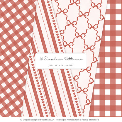 Romantic Classics - Seamless Patterns, Valentine's Day, Gingham Hearts Floral, Love | 20 JPEG