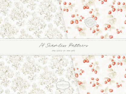 Country Spring - Seamless Patterns, Cottagecore, Strawberry & Lilac Prints, Rustic Neutral | 14 JPEG