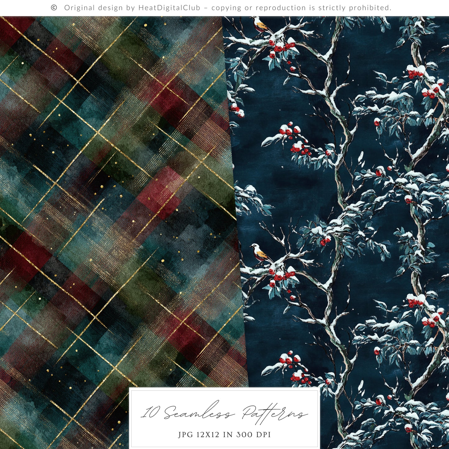 Winter Elegance - Watercolor Seamless Patterns, Moody Christmas Tartan, Holiday | 10 JPEG