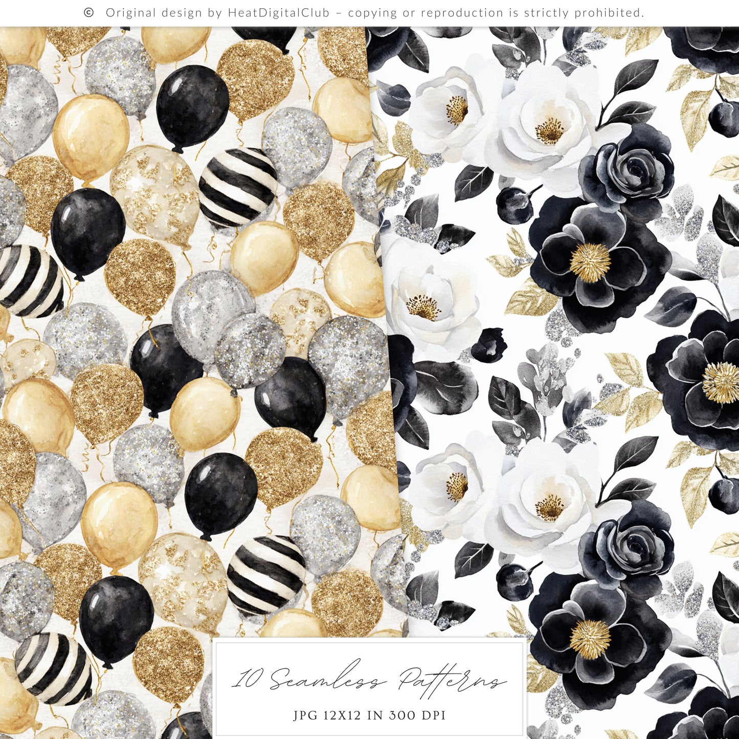 Happy New Year - Seamless Patterns, Black Gold Silver, Glitter Balloons Stars, Festive | 10 JPEG
