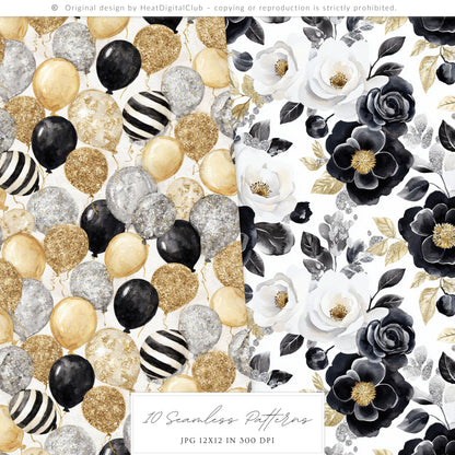Happy New Year - Seamless Patterns, Black Gold Silver, Glitter Balloons Stars, Festive | 10 JPEG