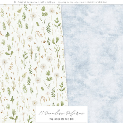 Spring Journey - Seamless Patterns, Tartan, Florals, Elegant Watercolor Pattern | 14 JPEG