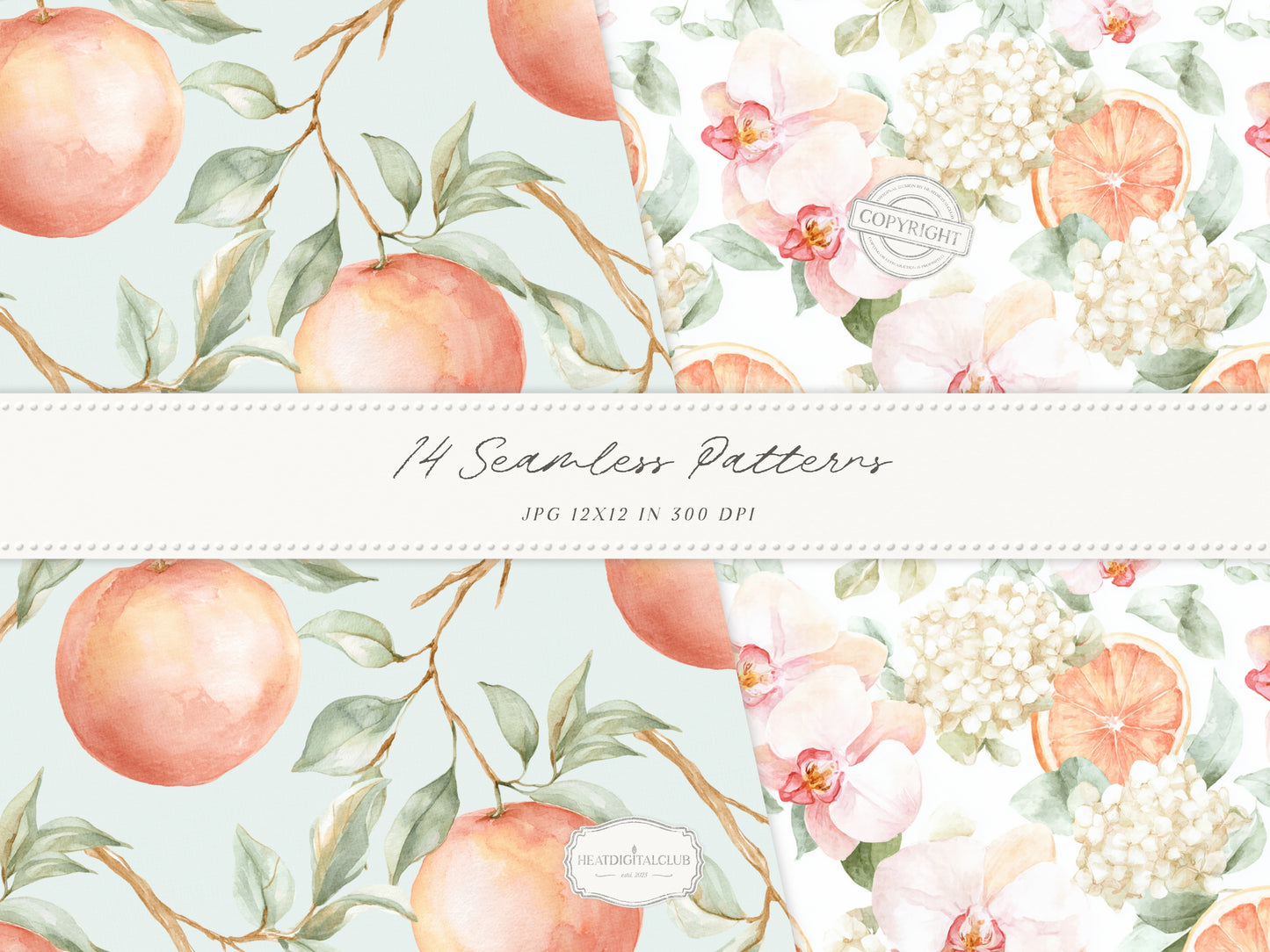 Grapefruit Breeze - Summer Seamless Patterns, Beach, Citrus, Mint Green Pattern, Coastal | 14 JPEG