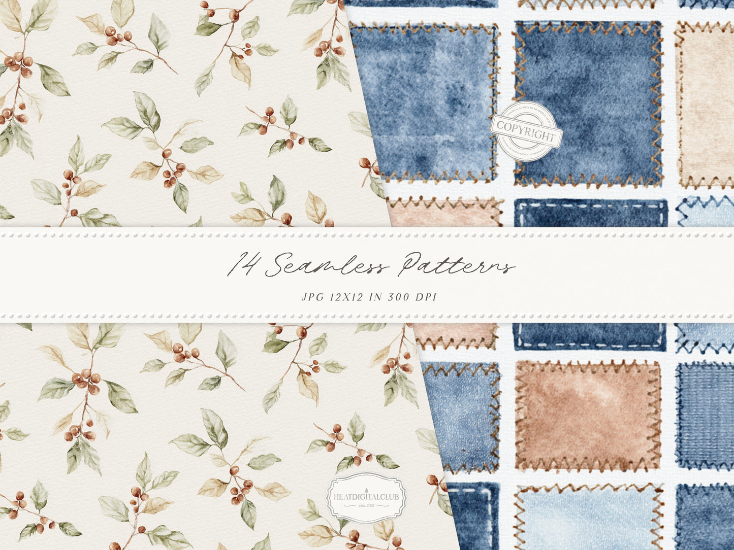 Coffee & Denim - Seamless Patterns, Textile Prints, Coffee Bean Patterns, Blue Brown Denim Fabric | 14 JPEG