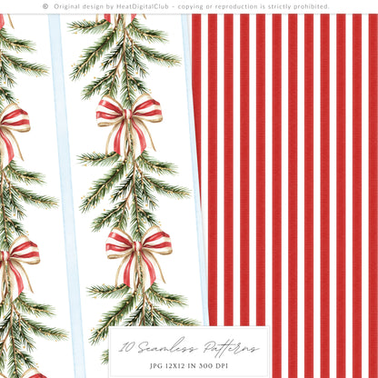Holiday Circus - Seamless Patterns, Christmas, Red & White Stripes Pattern | 10 JPEG