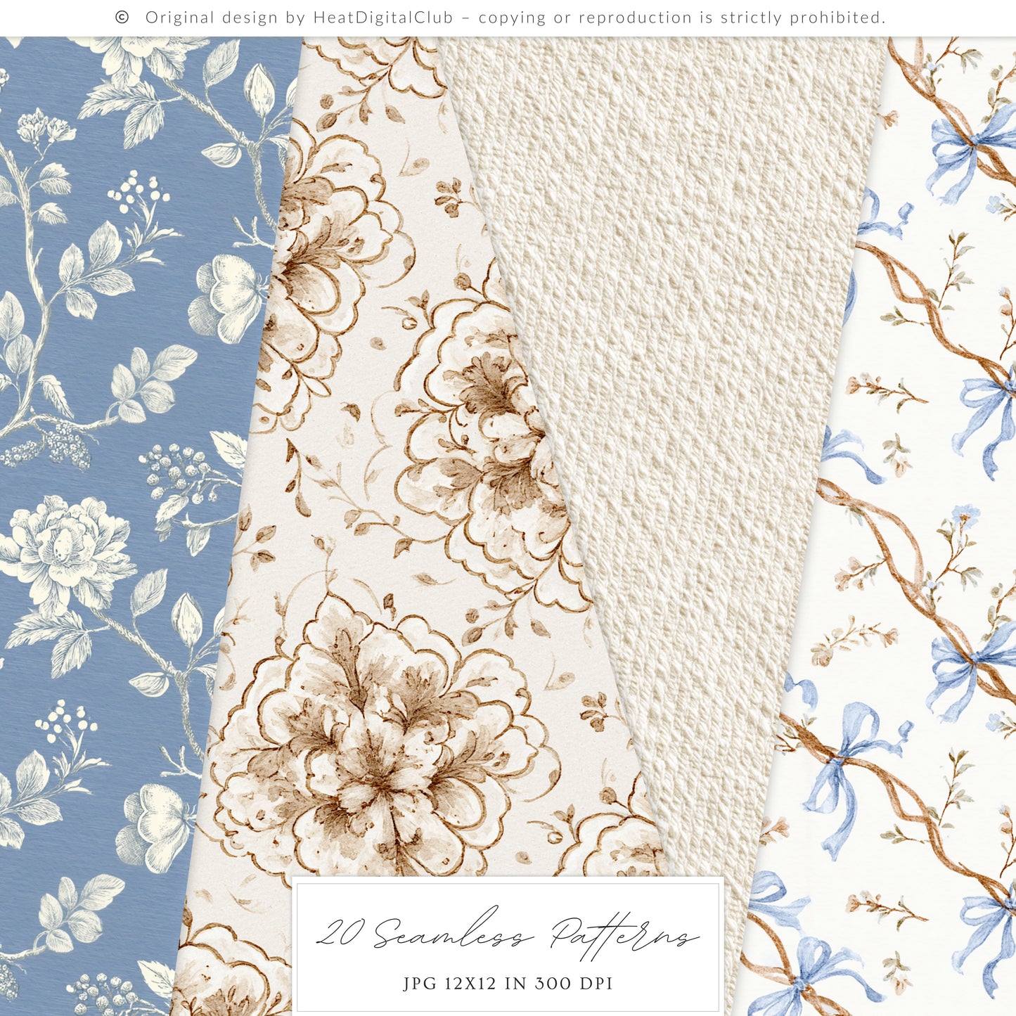 Quiet Cottage - Seamless Patterns, French Cottagecore Hydrangea, Gingham, Chinoiserie, Vintage | 20 JPEG