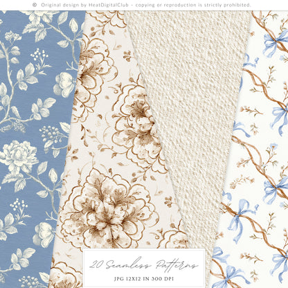 Quiet Cottage - Seamless Patterns, French Cottagecore Hydrangea, Gingham, Chinoiserie, Vintage | 20 JPEG