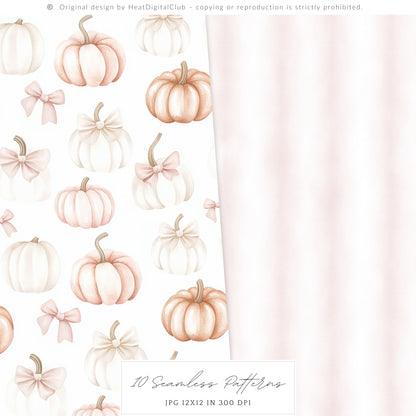 Falling Pretty - Seamless Patterns, Autumn, Pink Pumpkins | 10 JPEG