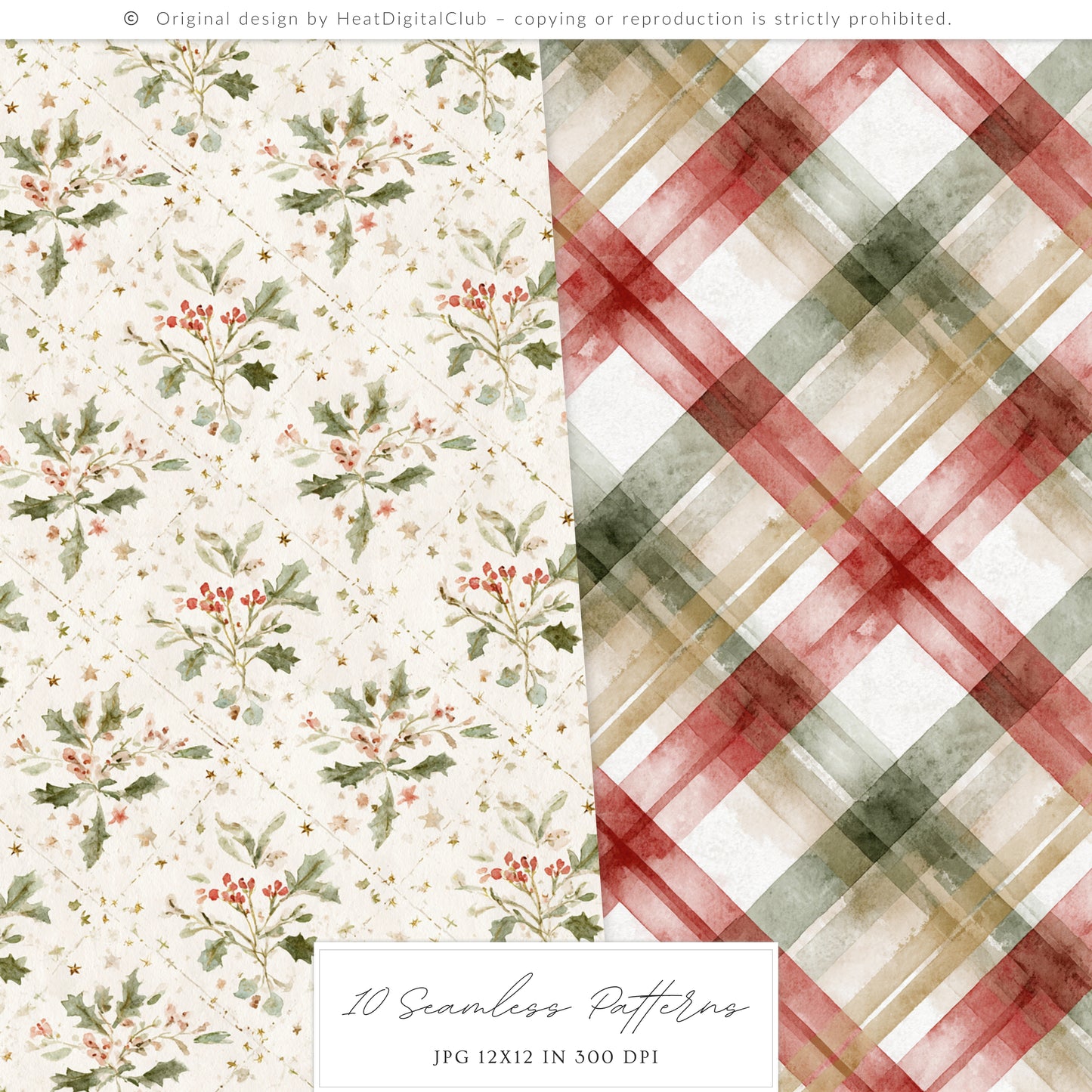 Warm Holidays - Seamless Patterns, Cozy Winter, Christmas, Poinsettia | 10 JPEG