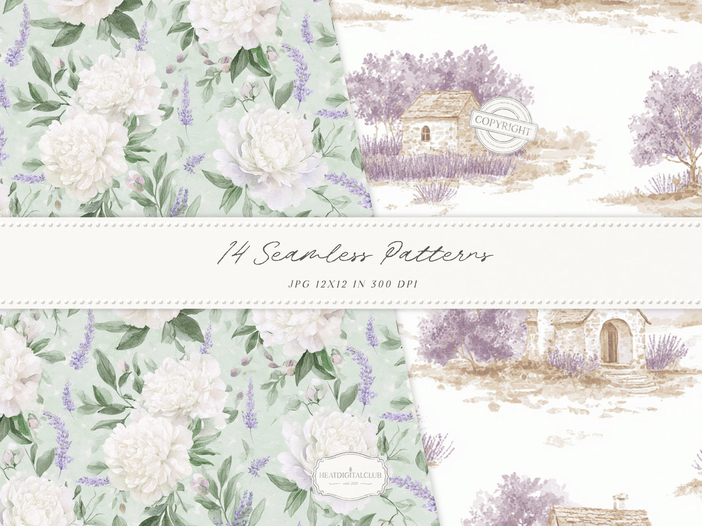 Pistachio Lavender - Seamless Patterns, French Countryside, Lavender Floral Digital Paper, Spring | 14 JPEG