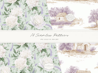 Pistachio Lavender - Seamless Patterns, French Countryside, Lavender Floral Digital Paper, Spring | 14 JPEG
