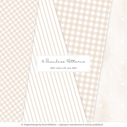 Gentle Meadow - Seamless Patterns, Spring Floral, Neutral Gingham Pattern, Pastel Papers, Nursery | 16 JPEG