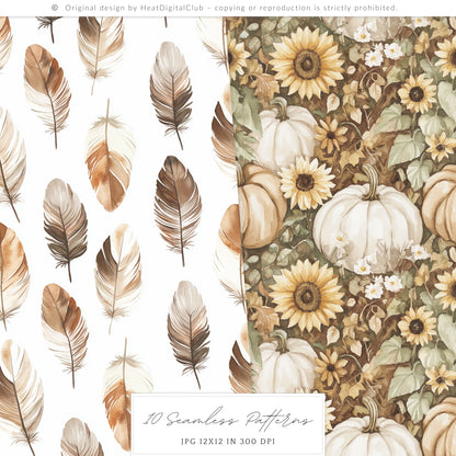 Grateful Feast - Seamless Pattern, Fall, Thanksgiving Pumpkin, Autumn Sunflower | 10 JPEG
