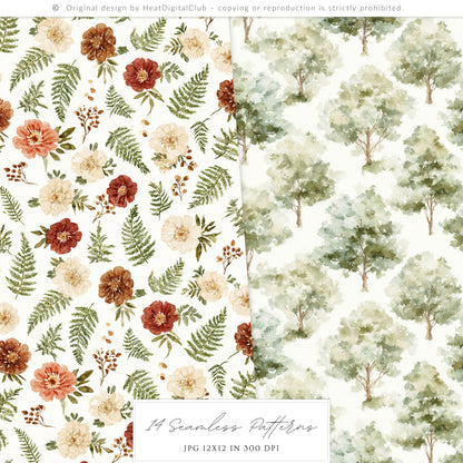 Mushroom Garden - Seamless Patterns, Cottagecore Forest Digital Paper, Shabby Patterns | 14 PNG