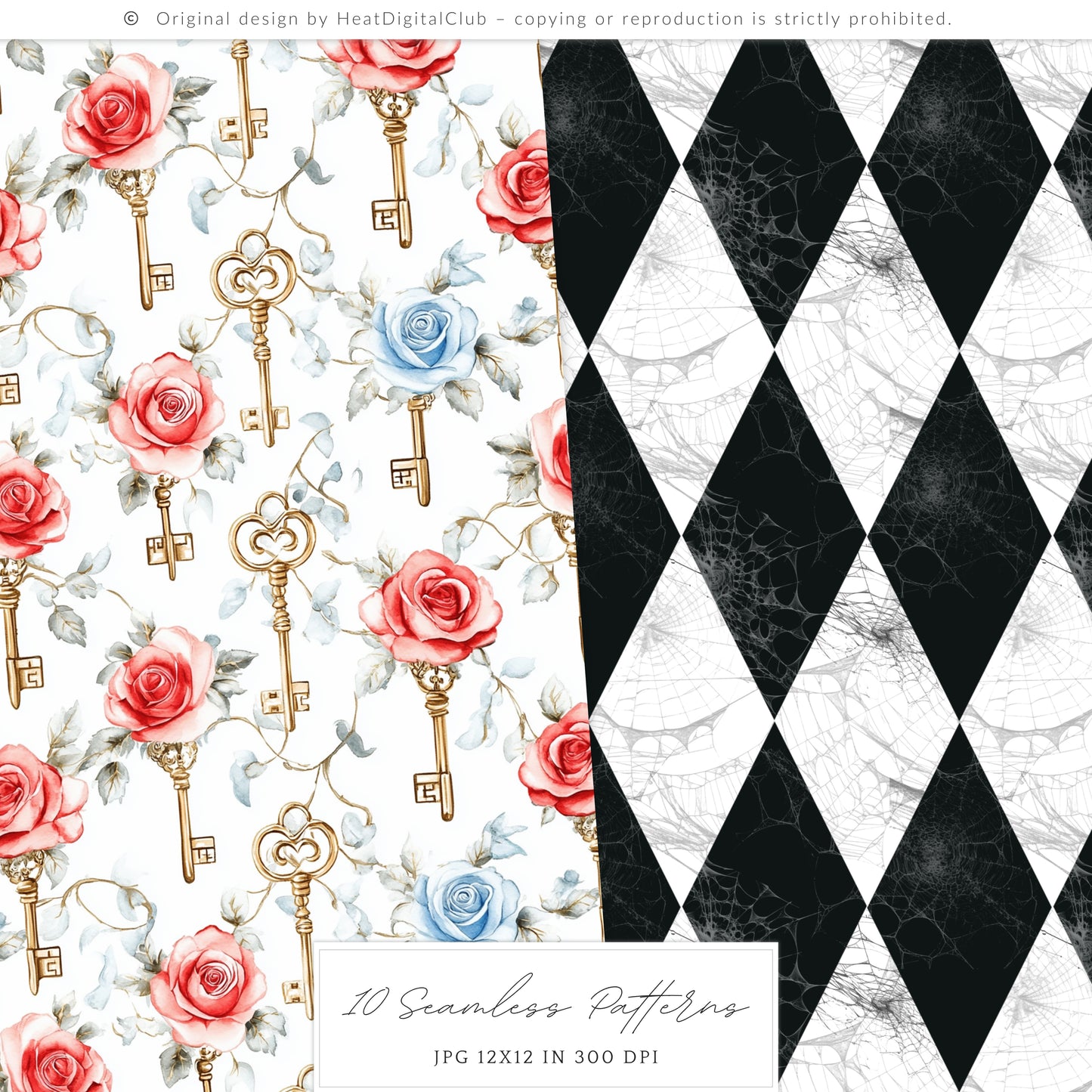 Haunted Alice - Seamless Patterns, Gothic Wonderland Halloween, Roses, Skulls | 10 JPEG