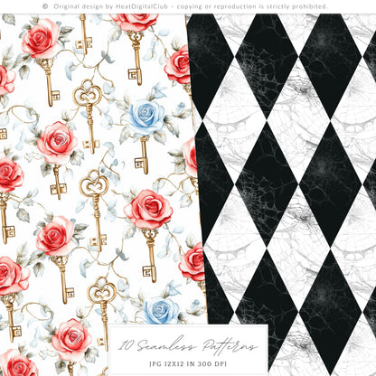 Haunted Alice - Seamless Patterns, Gothic Wonderland Halloween, Roses, Skulls | 10 JPEG