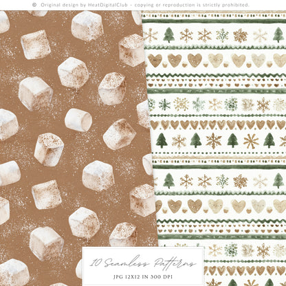 Winter Cocoa - Seamless Patterns, Cozy Elegant Christmas | 10 JPEG