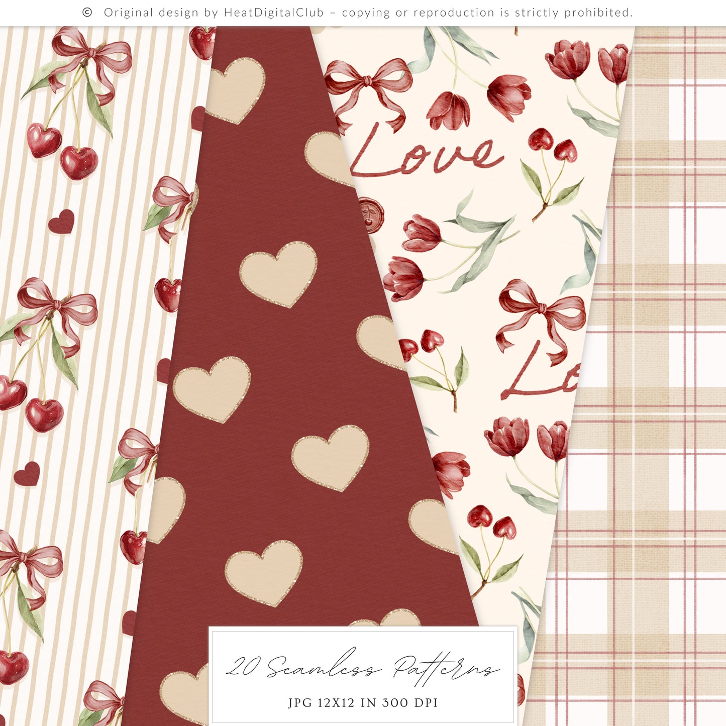 Cherry in Love - Valentine' Day Seamless Patterns, Romantic Love, Hearts Floral, Gingham | 20 JPEG