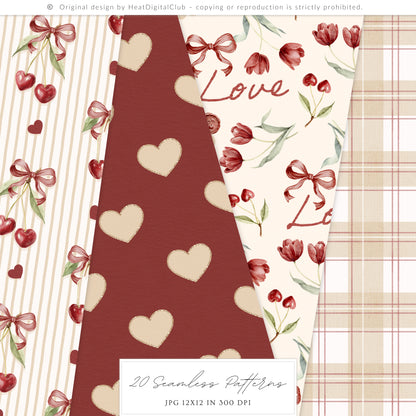 Cherry in Love - Valentine' Day Seamless Patterns, Romantic Love, Hearts Floral, Gingham | 20 JPEG