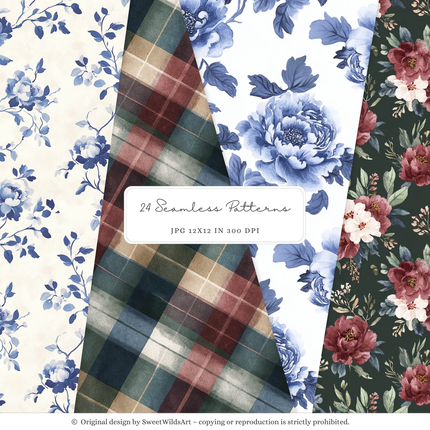 Little Classics - Watercolor Seamless Patterns, Grandmillennial Floral Hydrangea | 24 JPEG